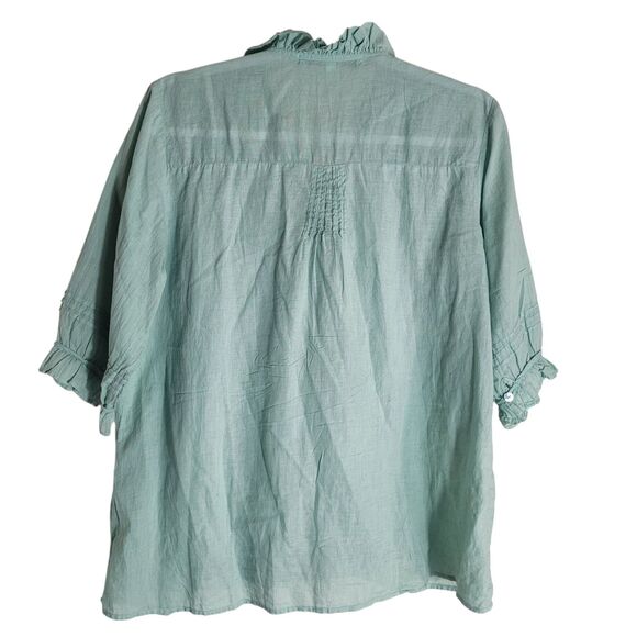 JP and Mattie Button Up Peasant Blouse Women's Small S Green Ruffle Boho Cotton - Picture 2 of 12